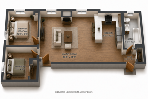 Floor plan for 2 beds, 1 bath, 841 sqft